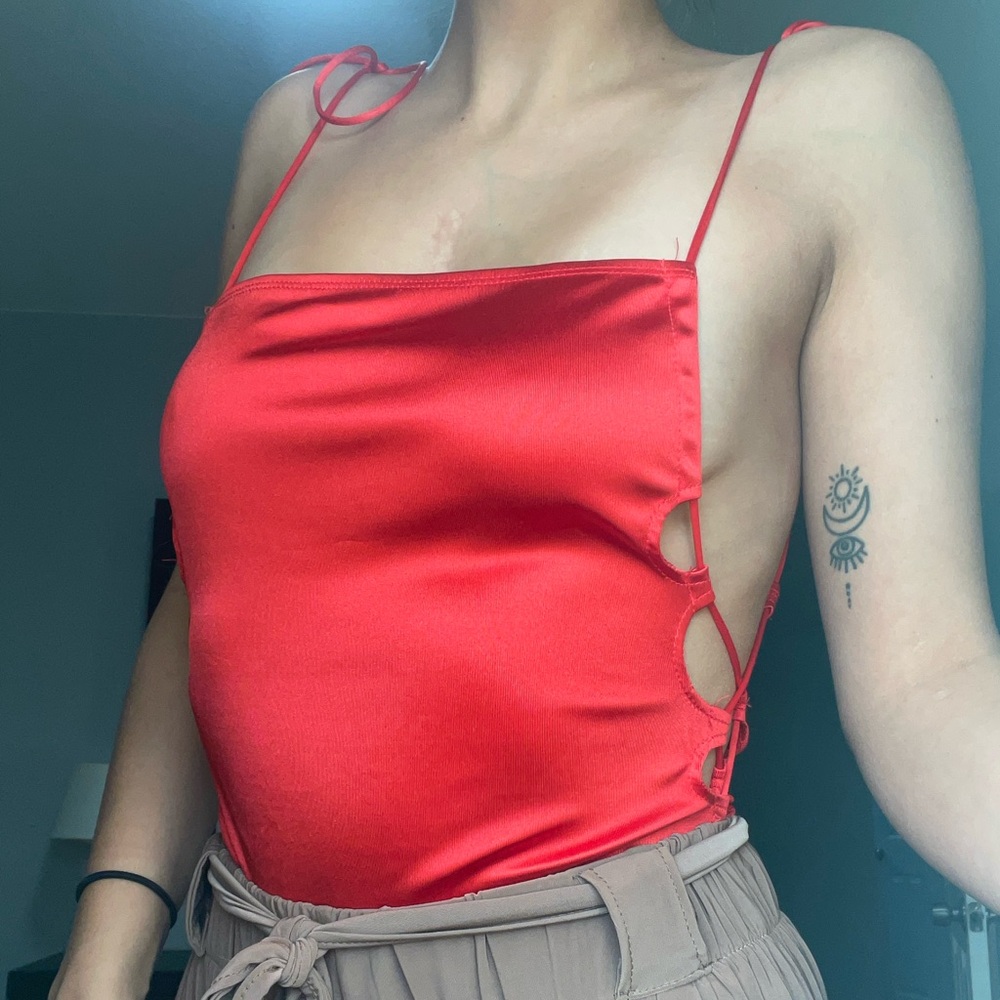Red Silky Lace-Up Bodysuit